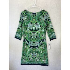 London Times Green 3/4 Sleeve Jewel Neckline Shift Dress Women's‎ Size 10